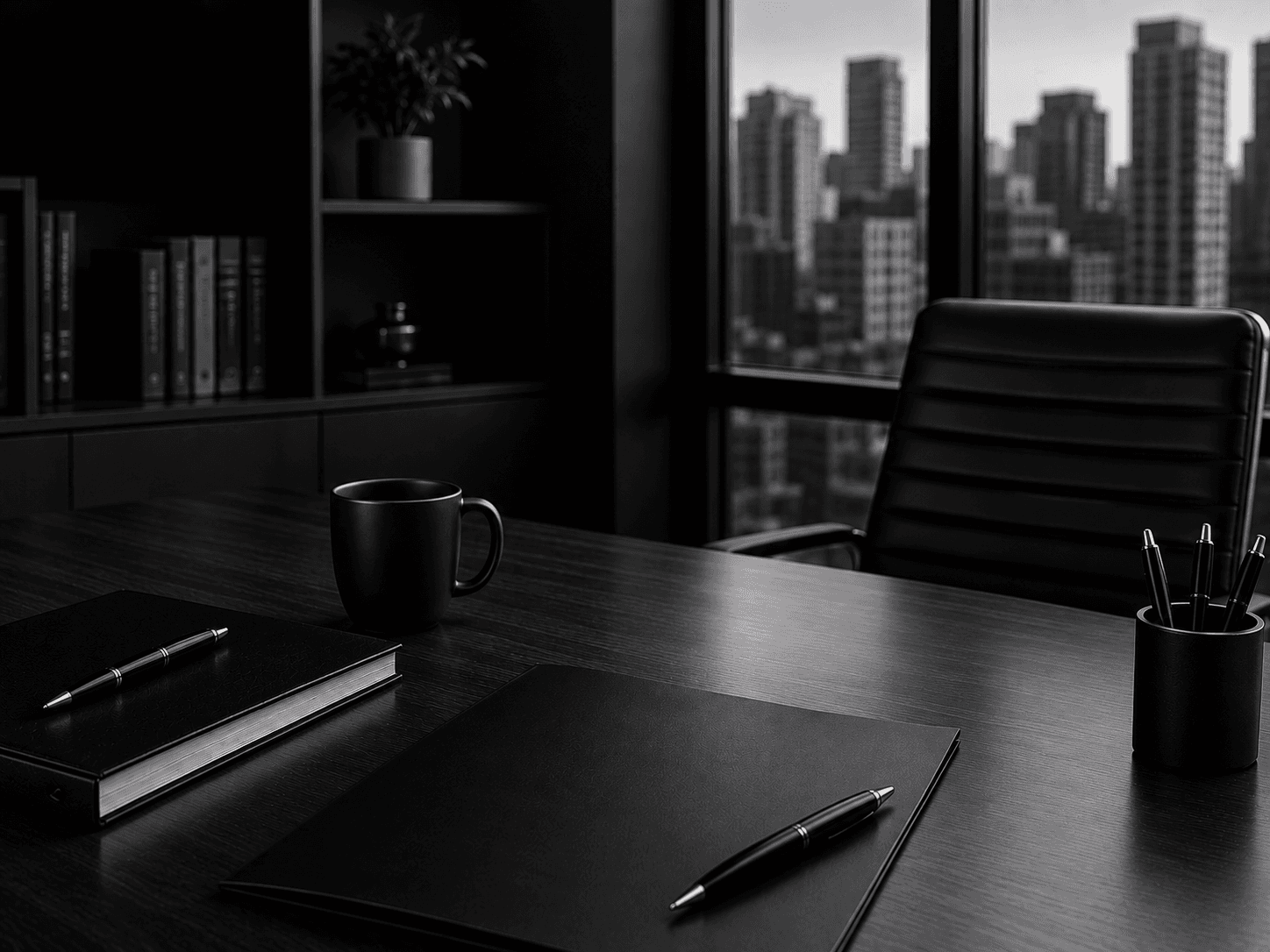 Mesa de trabalho do escritório com vista para a cidade — LT Law